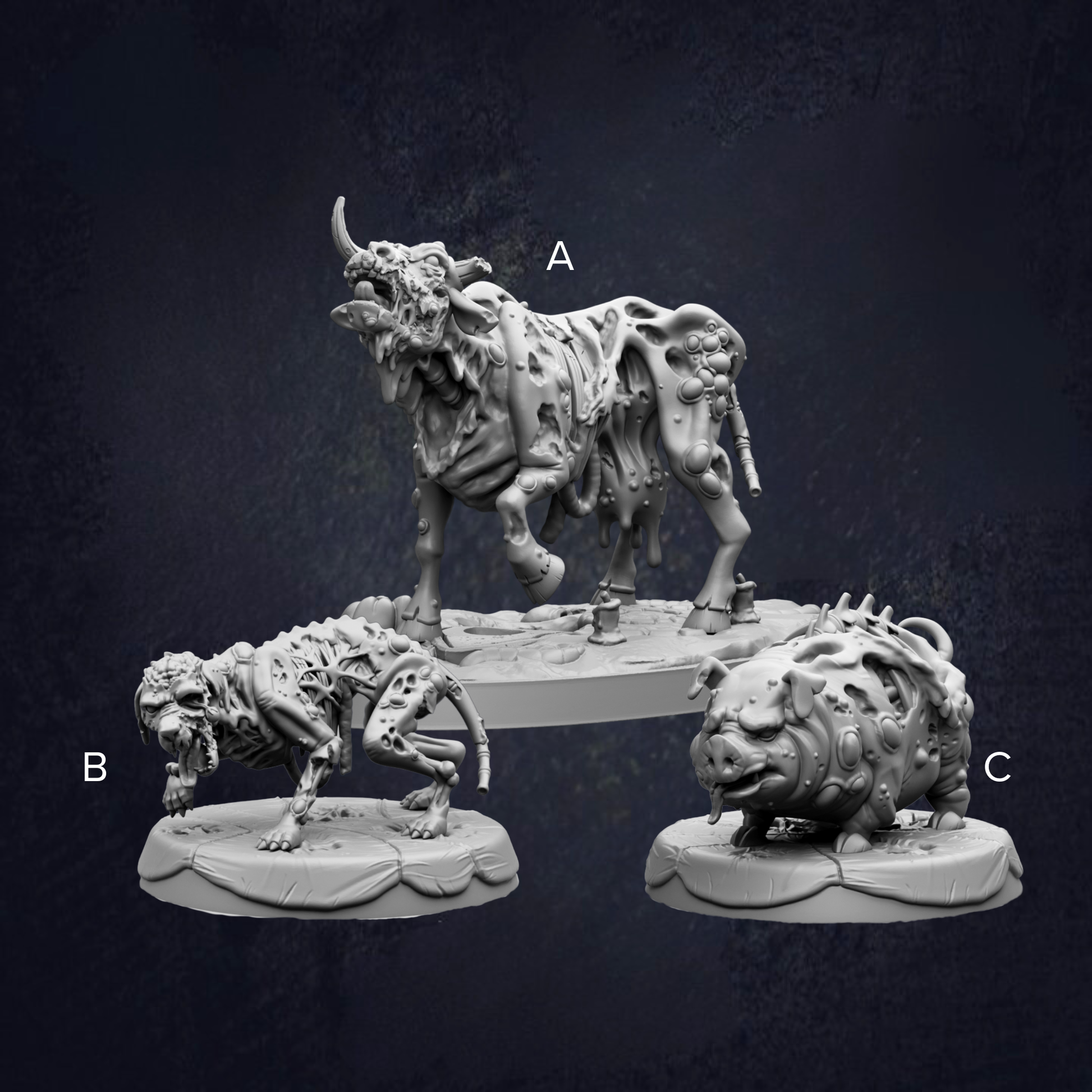 three different figurines, each with unique features and characteristics. The figurines are arranged in a row, with the first one being a large, monstrous creature, the second one being a smaller, more detailed creature, and the third one being a smaller, more intricate creature. The figurines are set against a dark background, which emphasizes their distinctiveness and artistic design.