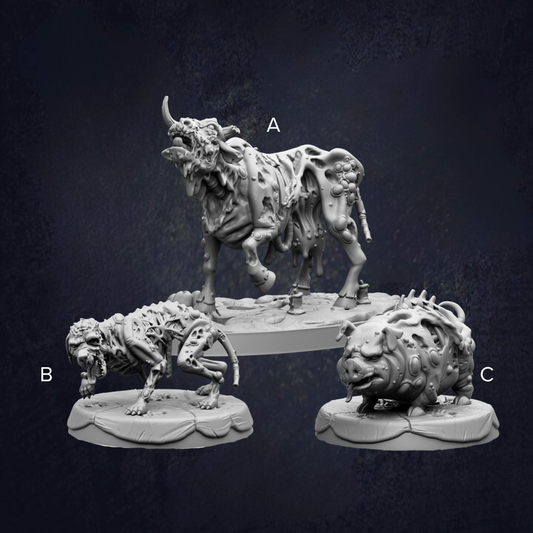 three different figurines, each with unique features and characteristics. The figurines are arranged in a row, with the first one being a large, monstrous creature, the second one being a smaller, more detailed creature, and the third one being a smaller, more intricate creature. The figurines are set against a dark background, which emphasizes their distinctiveness and artistic design.