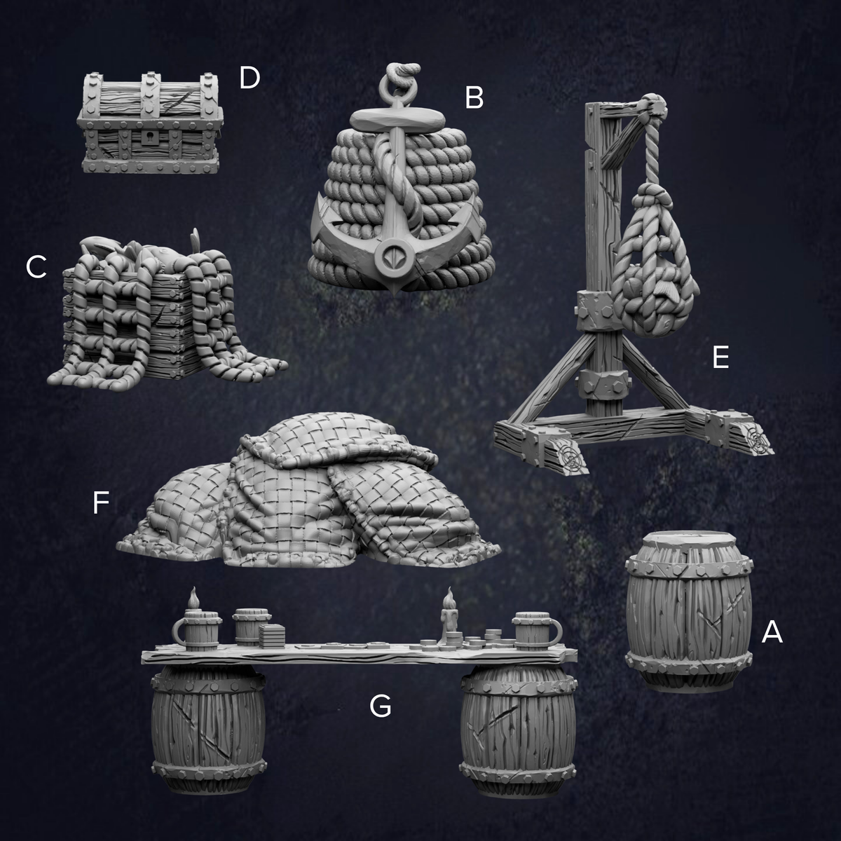 various nautical-themed objects, including a chest, an anchor, a rope, a barrel, and a ship.