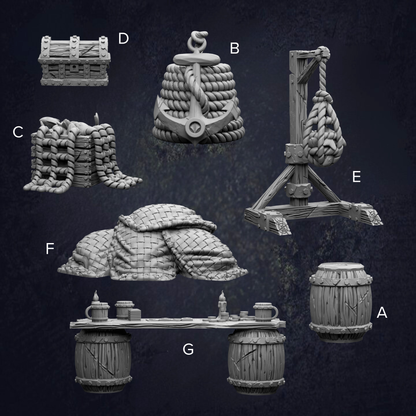 various nautical-themed objects, including a chest, an anchor, a rope, a barrel, and a ship.