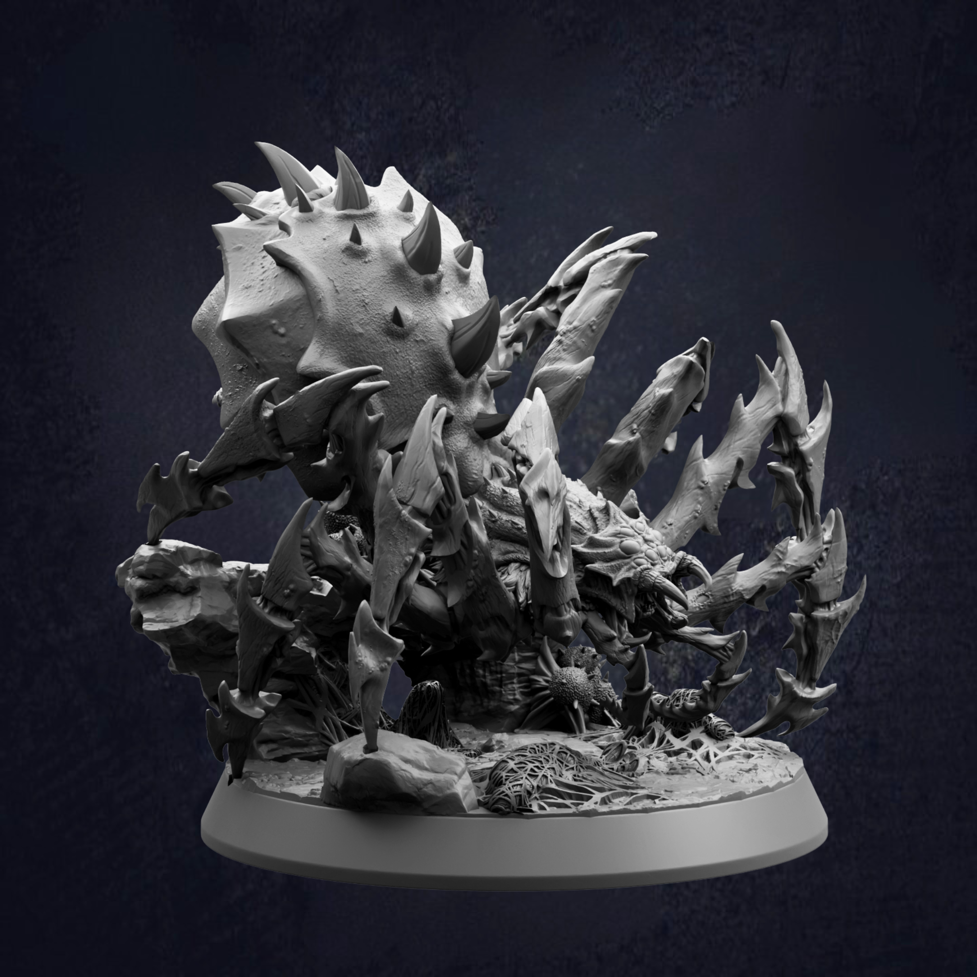 A detailed 3D model of a large, spiky creature with sharp teeth and claws, set against a dark background.