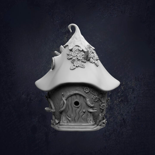 A whimsical, fantastical birdhouse with a pointed roof and intricate decorations, set against a dark background.