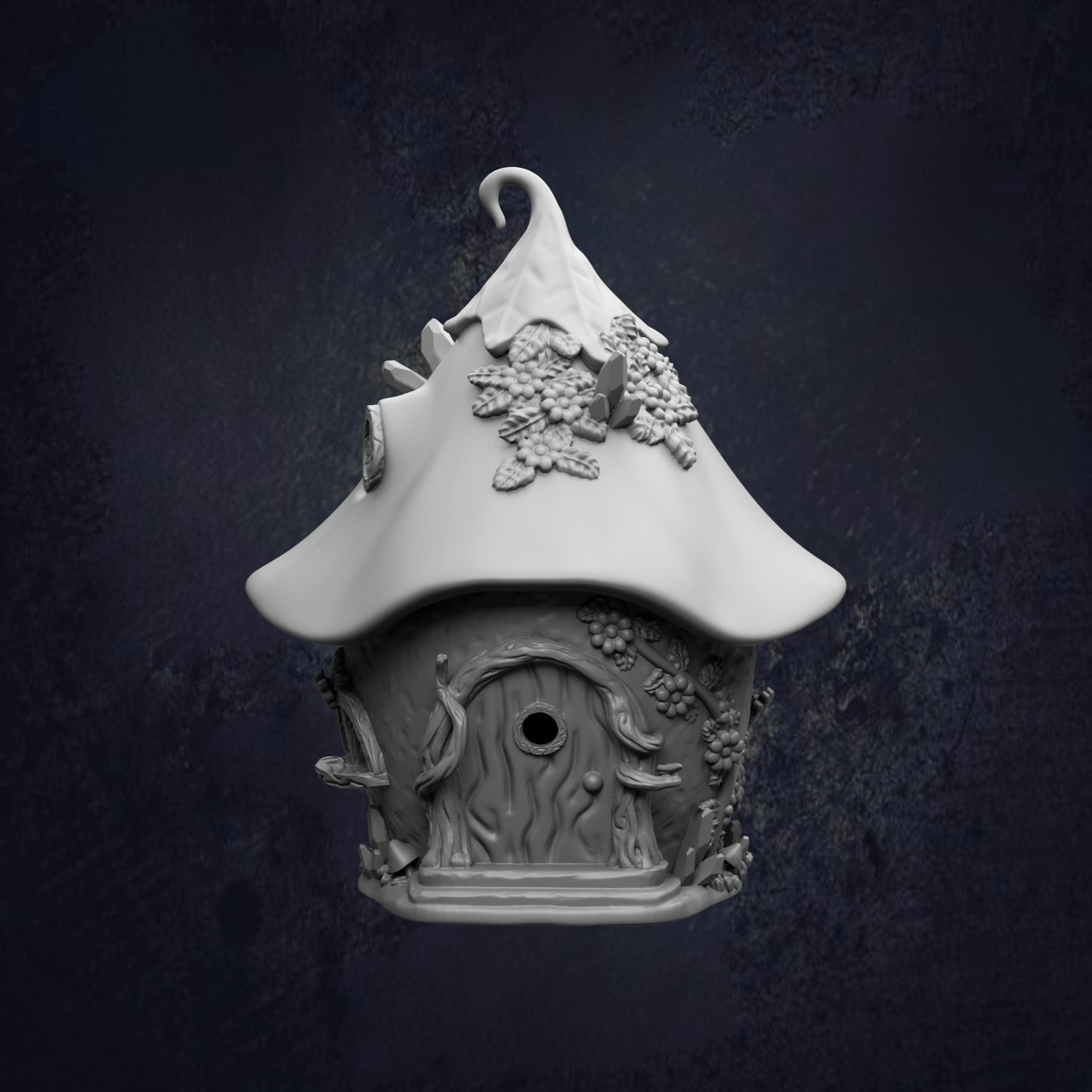A whimsical, fantastical birdhouse with a pointed roof and intricate decorations, set against a dark background.