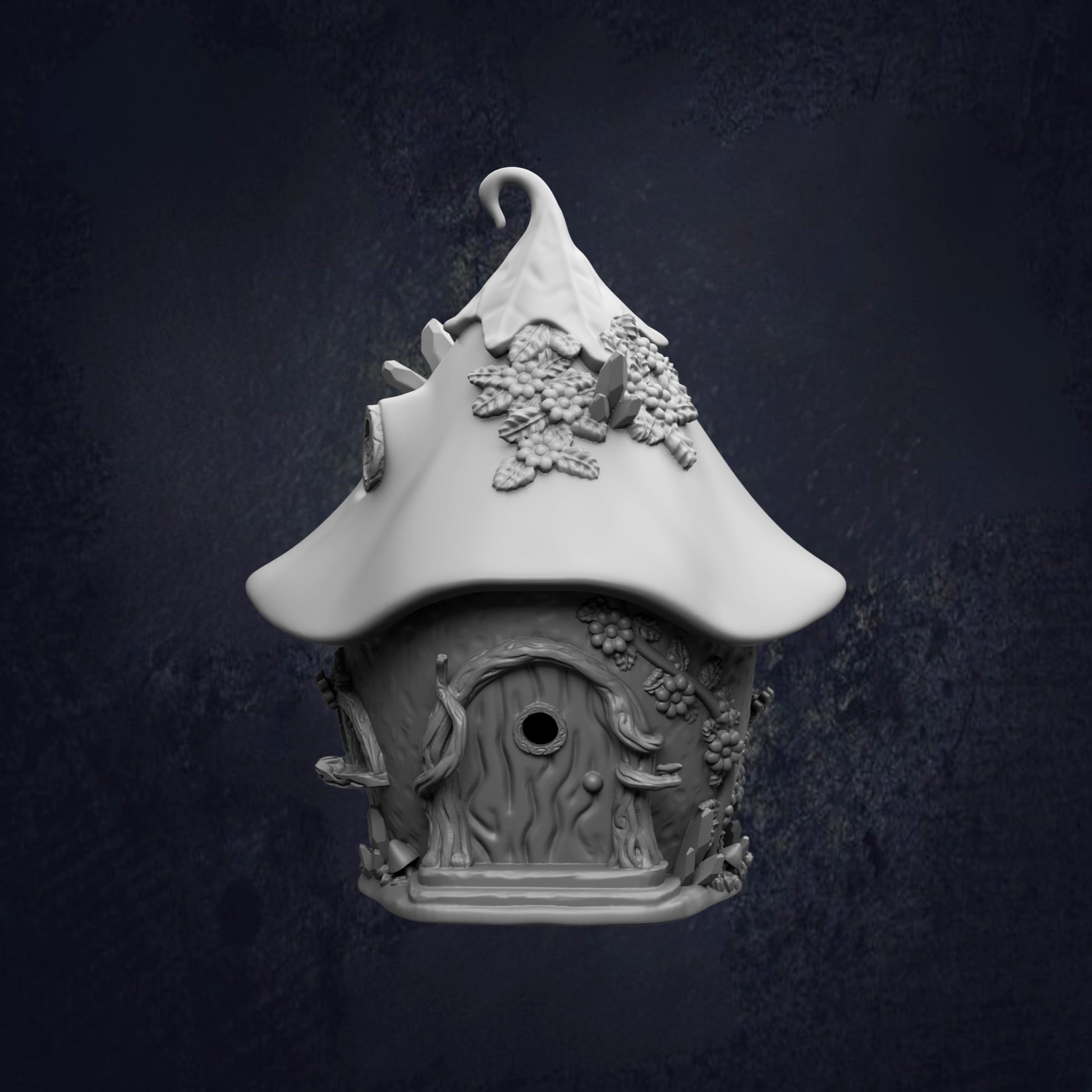 A whimsical, fantastical birdhouse with a pointed roof and intricate decorations, set against a dark background.