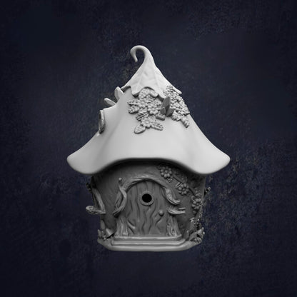 A whimsical, fantastical birdhouse with a pointed roof and intricate decorations, set against a dark background.