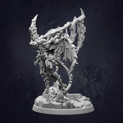 A detailed 3D model of a fantastical creature with sharp, angular features and a fierce expression, standing on a rocky base against a dark background.