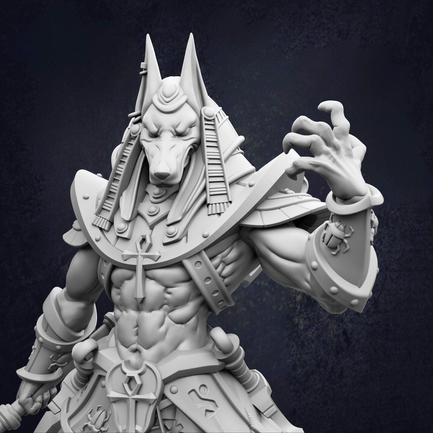 A detailed 3D rendering of a muscular, armored figure resembling a deity or mythological character, with intricate details and a fierce expression.