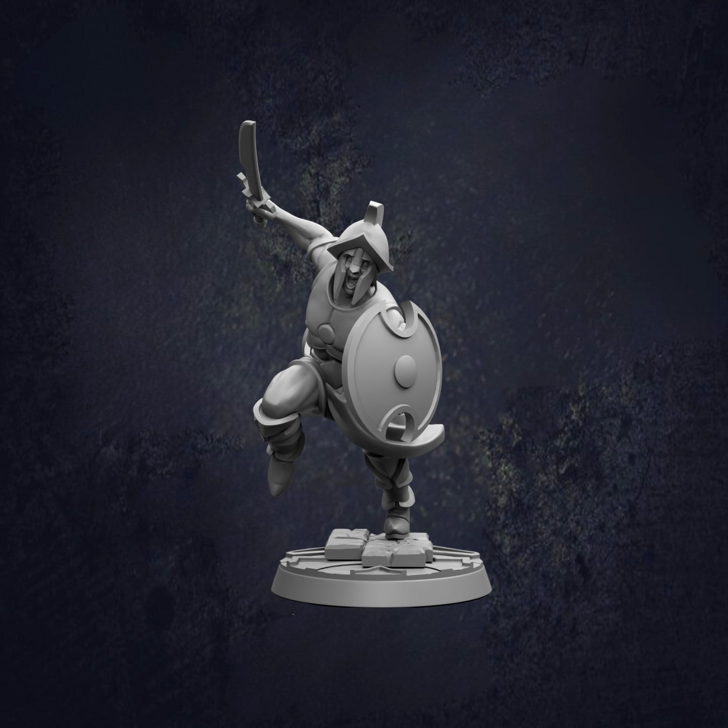 A 3D model of a warrior figure in a fighting stance, holding a shield and sword, against a dark background.