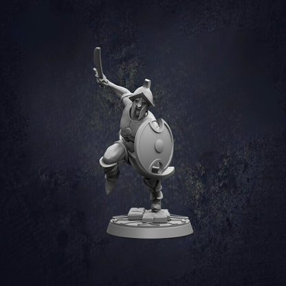 A 3D model of a warrior figure in a fighting stance, holding a shield and sword, against a dark background.