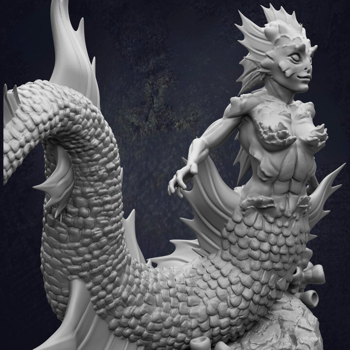 A detailed 3D rendering of a fantastical mermaid-like creature with scales, fins, and a tail, set against a dark background.