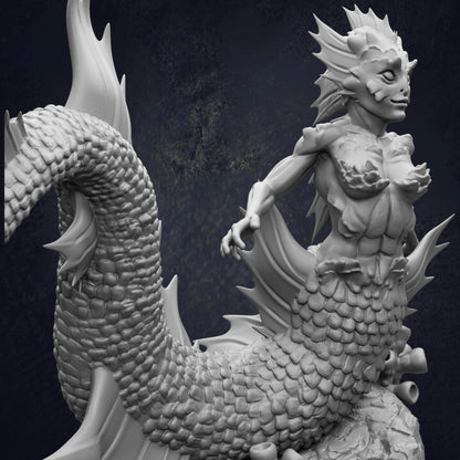 A detailed 3D rendering of a fantastical mermaid-like creature with scales, fins, and a tail, set against a dark background.