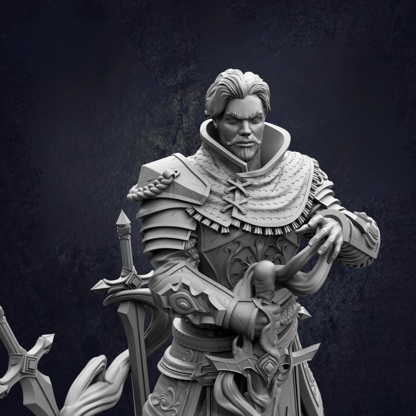 A detailed 3D model of a warrior figure, wearing ornate armor and wielding various weapons, including swords and spears.