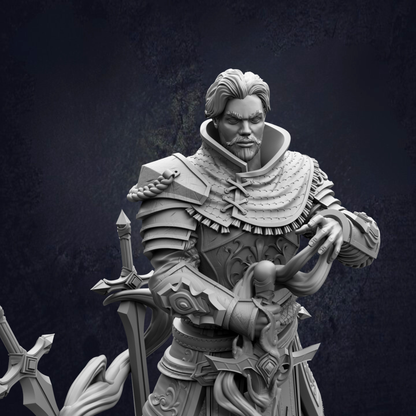 A detailed 3D model of a warrior figure, wearing ornate armor and wielding various weapons, including swords and spears.