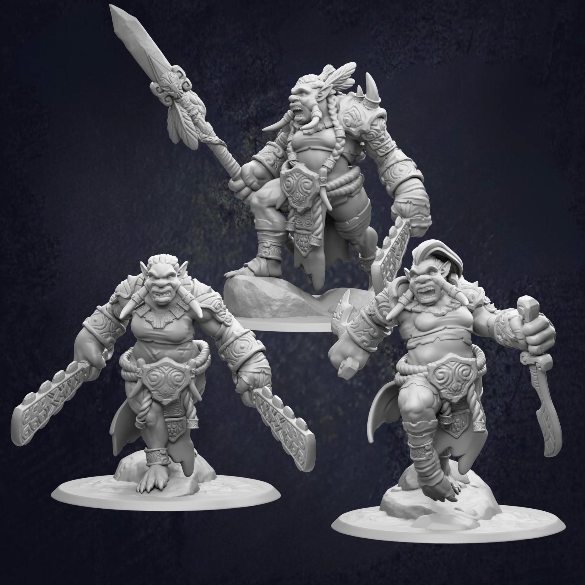 three detailed 3D models of fantasy creatures, each with unique features and weapons, set against a dark background.