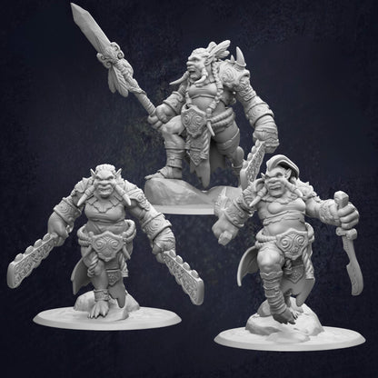 three detailed 3D models of fantasy creatures, each with unique features and weapons, set against a dark background.