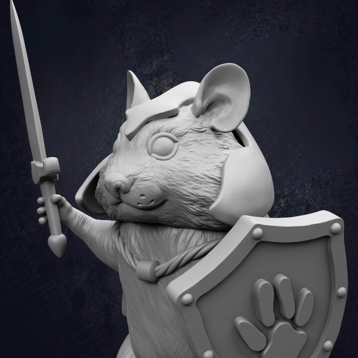A 3D rendering of a mouse-like creature holding a sword and shield, with a detailed and intricate design.
