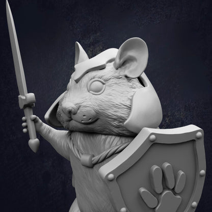 A 3D rendering of a mouse-like creature holding a sword and shield, with a detailed and intricate design.