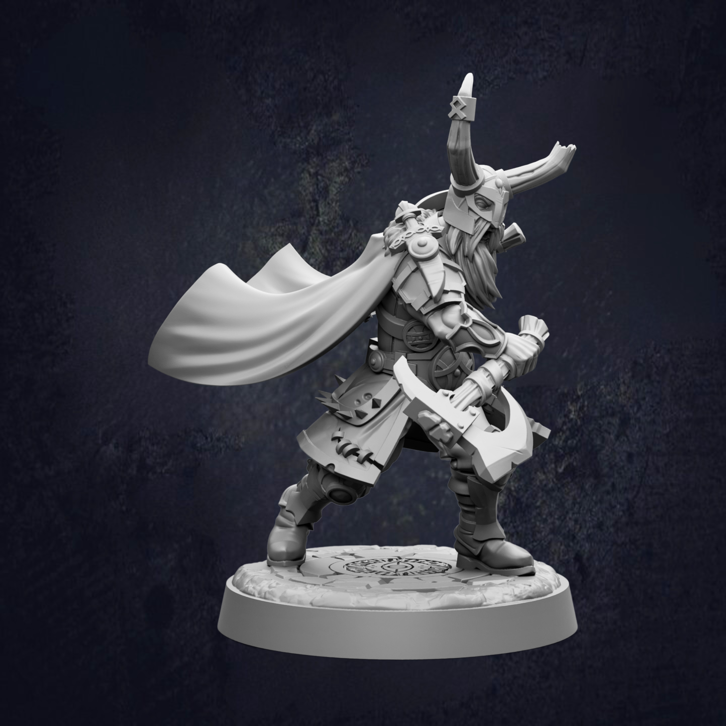 A detailed 3D model of a warrior figure, wearing a helmet with horns and a cape, holding a sword and shield, standing on a base.