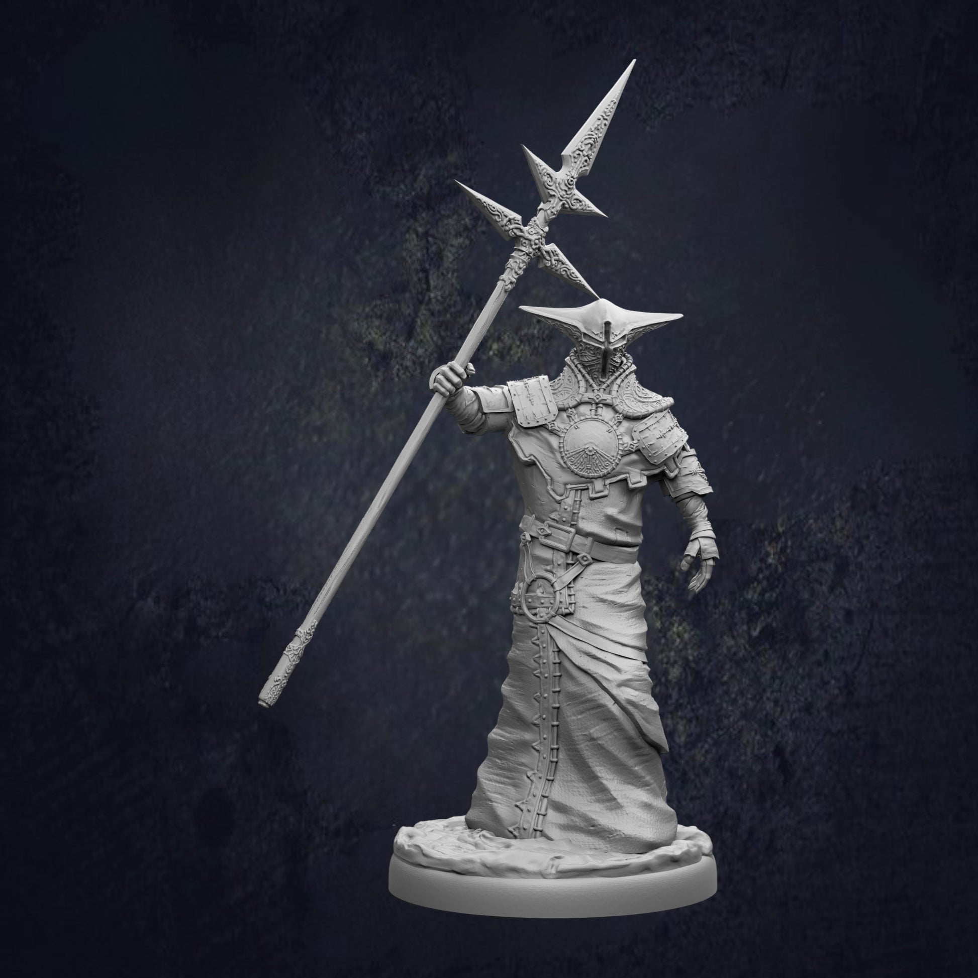 A detailed 3D model of a warrior figure holding a spear and standing in a dark, moody setting.