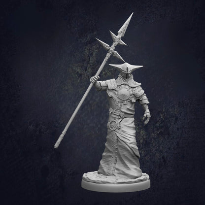 A detailed 3D model of a warrior figure holding a spear and standing in a dark, moody setting.