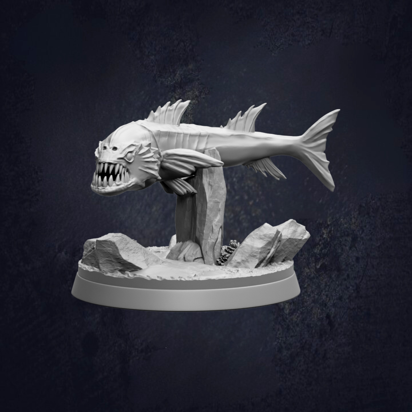 A 3D model of a fish with sharp teeth, displayed on a base with rocks and other natural elements.