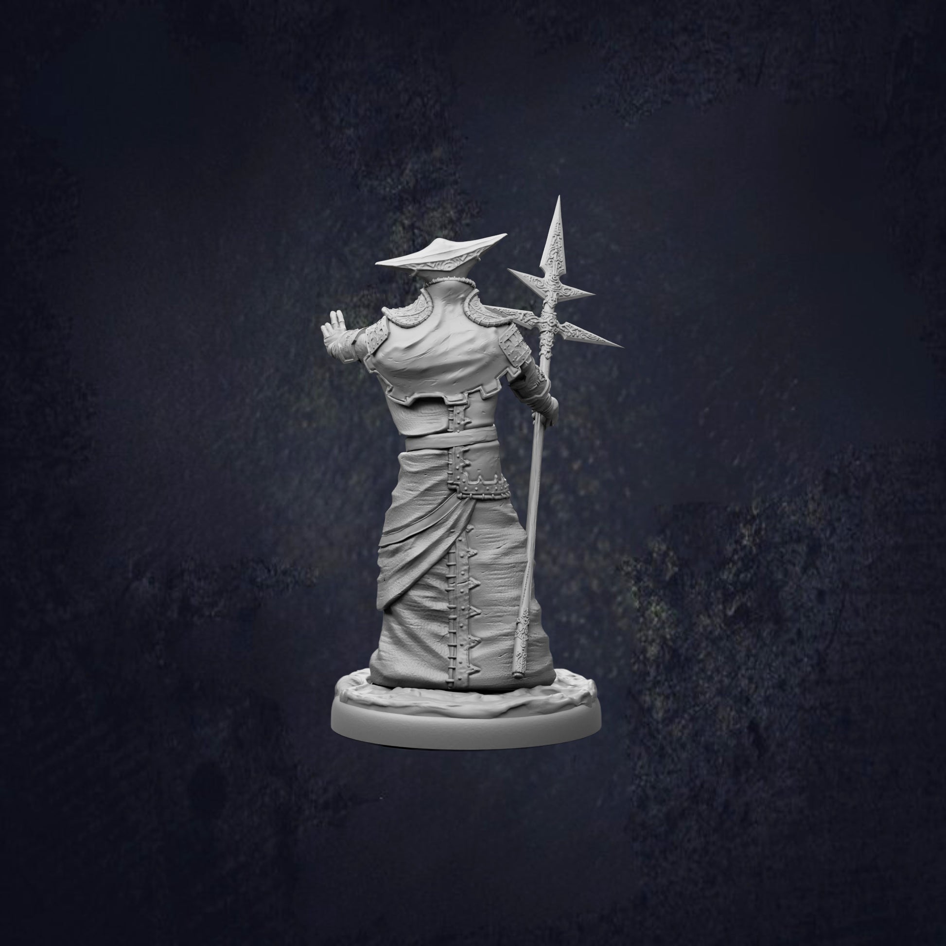 A statue of a person holding a spear and standing in a dark, moody setting.