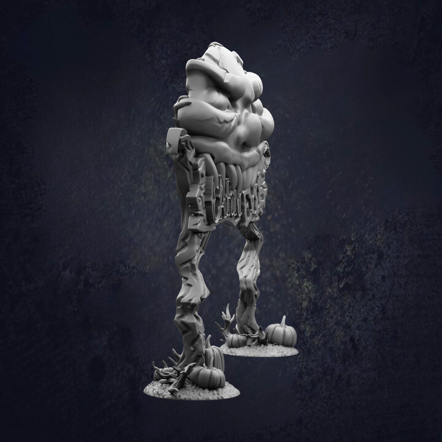 A 3D rendering of a whimsical, abstract creature resembling a monster or a monster-like figure, with a large head and legs, standing on two small pumpkin-shaped bases against a dark background.