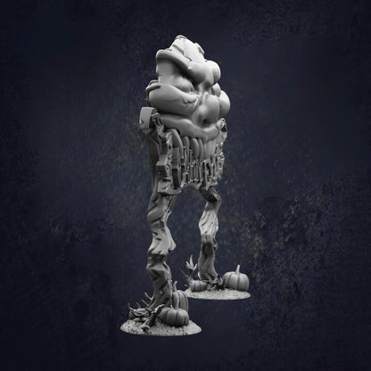 A 3D rendering of a whimsical, abstract creature resembling a monster or a monster-like figure, with a large head and legs, standing on two small pumpkin-shaped bases against a dark background.