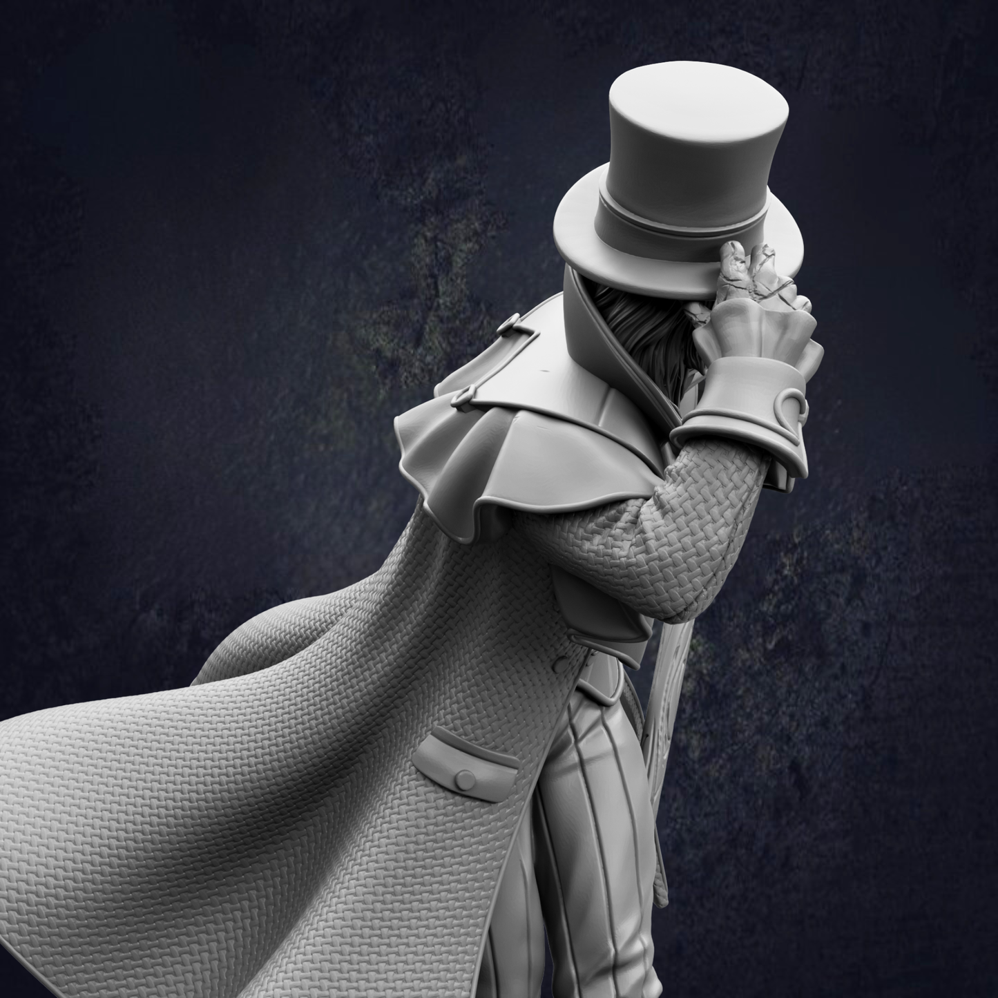 A black and white image depicting a person wearing a top hat and coat, with their head turned to the side.
