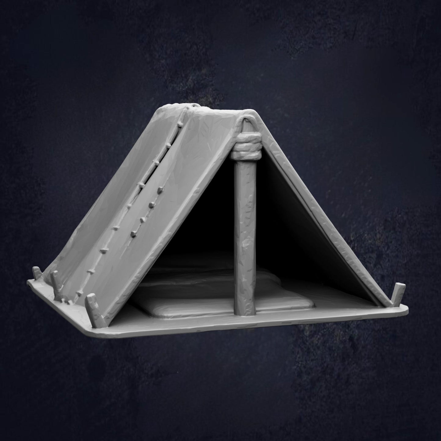 A white tent with a triangular shape and a small opening at the top, set against a dark background.