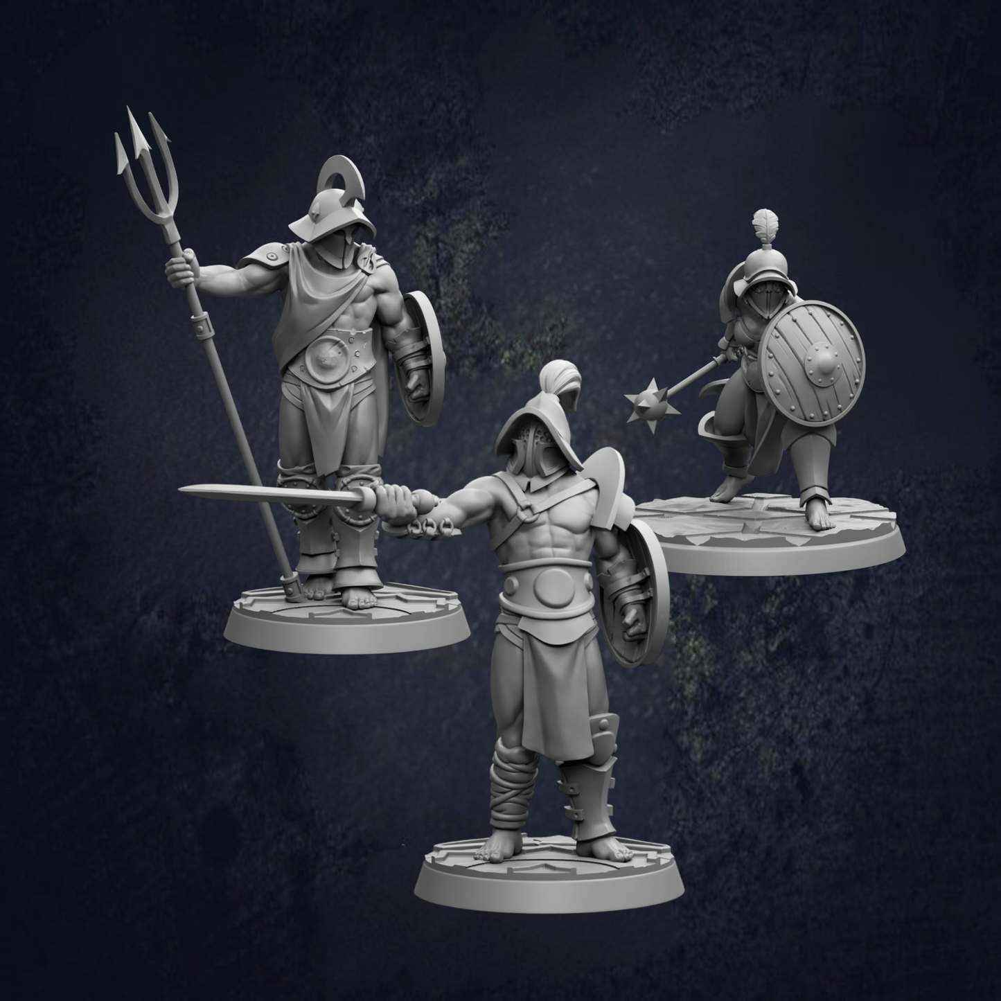 three figurines of soldiers, each holding different weapons such as a trident, a shield, and a mace.
