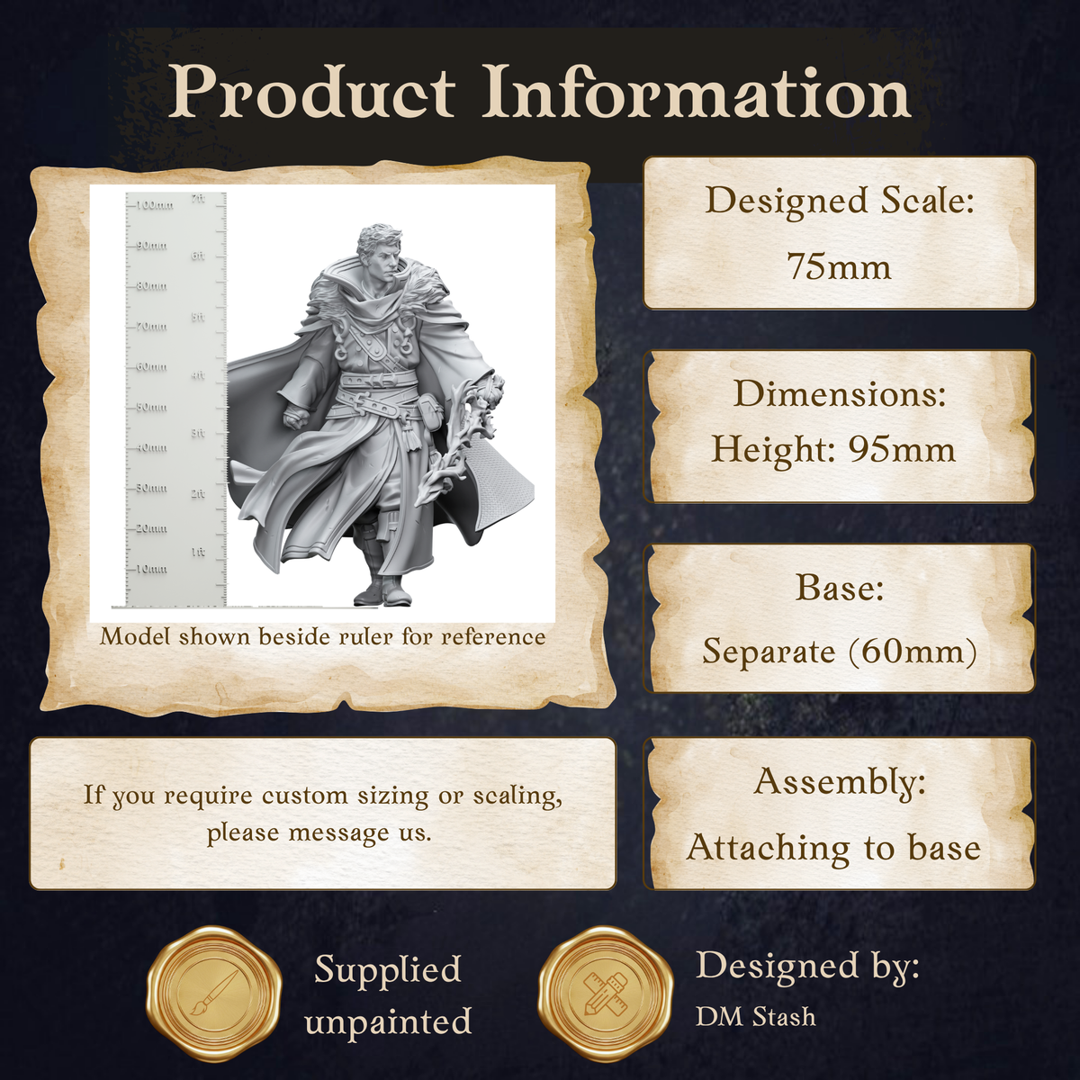 The image is a product information graphic for a 75mm model shown beside a ruler for reference. The dimensions of the model are shown as Height: 95mm. The base of the model is described as separate (60mm). The image is designed by DM Stash.
