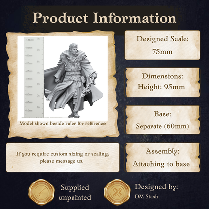 The image is a product information graphic for a 75mm model shown beside a ruler for reference. The dimensions of the model are shown as Height: 95mm. The base of the model is described as separate (60mm). The image is designed by DM Stash.