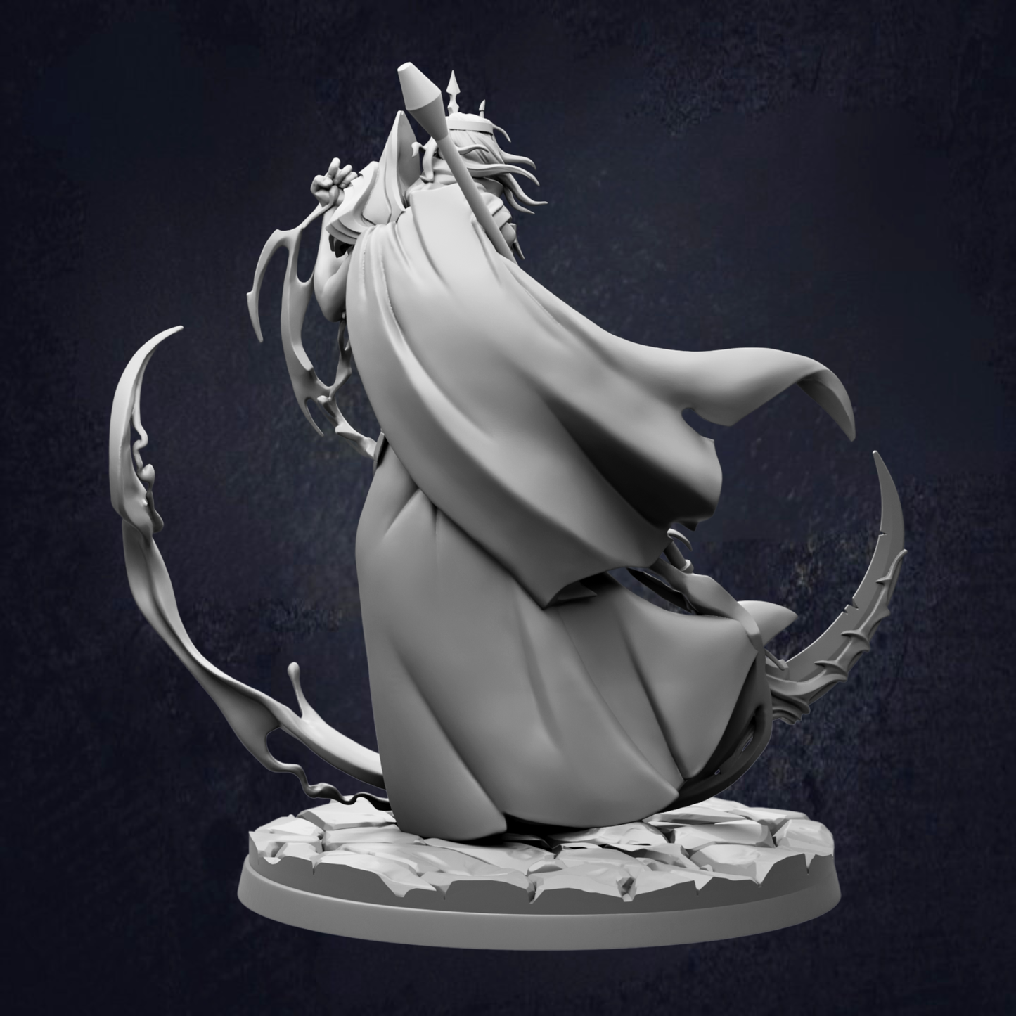 A 3D rendering of a fantastical creature with flowing robes and a pointed hat, standing on a rocky base against a dark background.