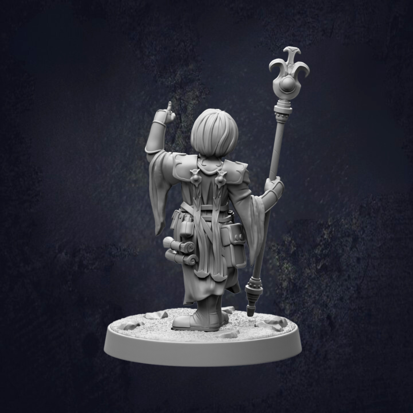 A 3D rendering of a character holding a staff and pointing upwards, set against a dark background.