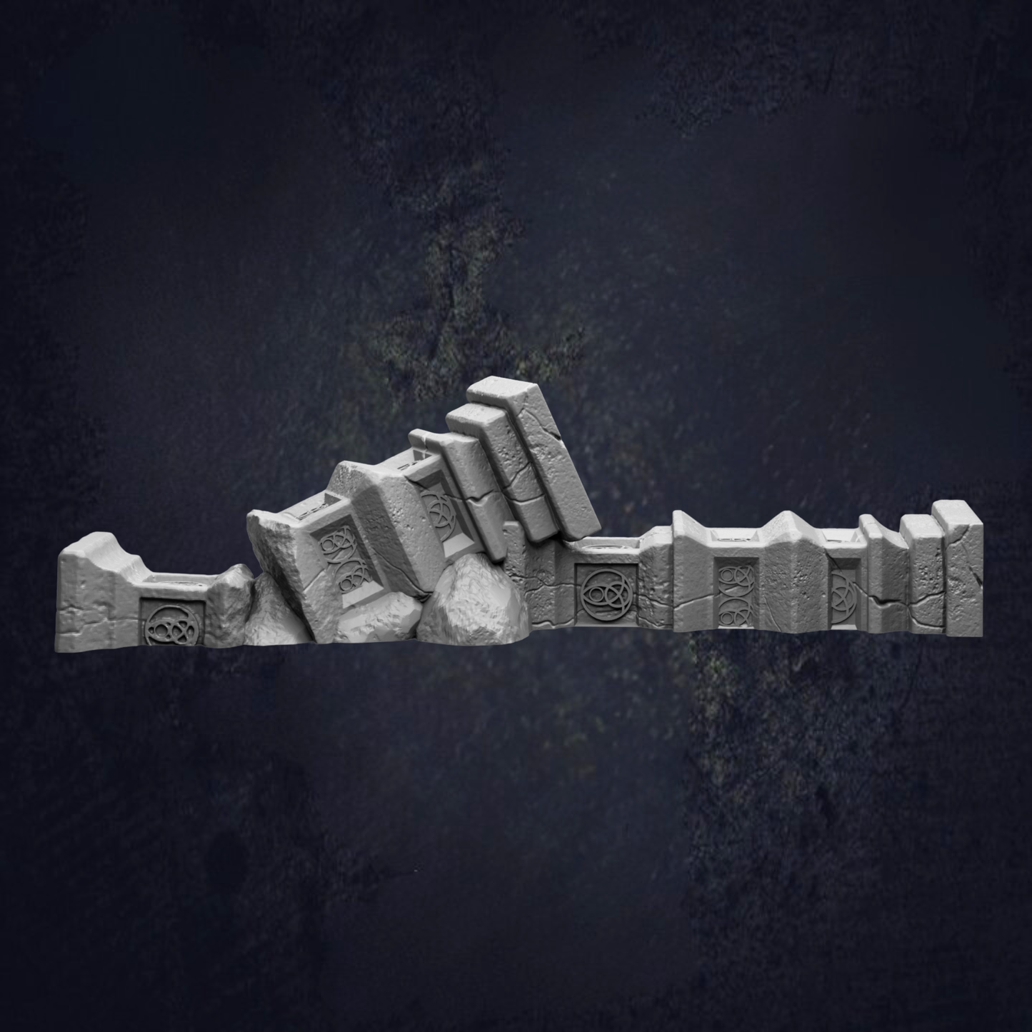 A 3D rendering of a fallen stone structure, with the individual blocks arranged in a way that they appear to be falling or collapsing.