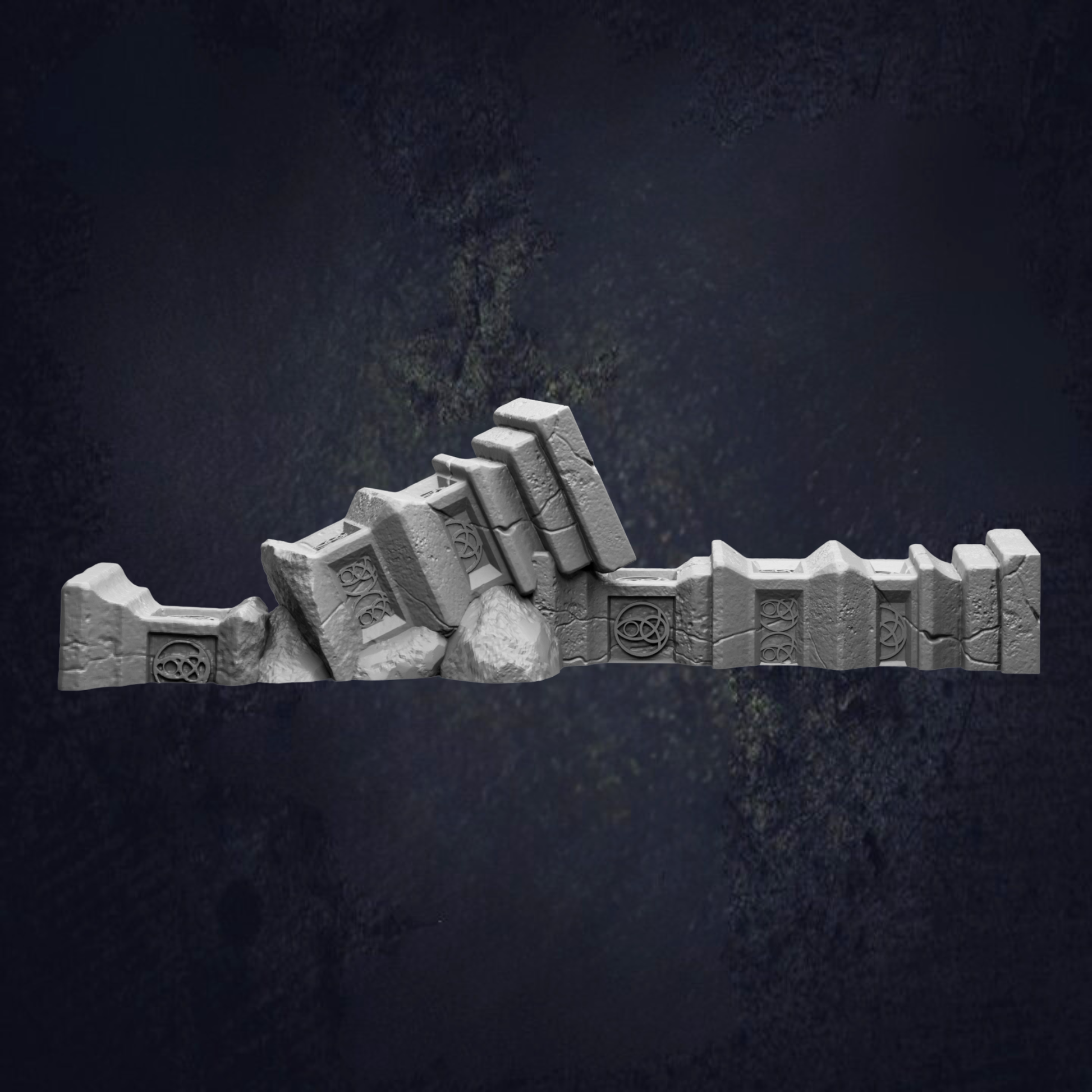 A 3D rendering of a fallen stone structure, with the individual blocks arranged in a way that they appear to be falling or collapsing.