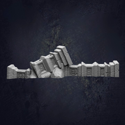 A 3D rendering of a fallen stone structure, with the individual blocks arranged in a way that they appear to be falling or collapsing.