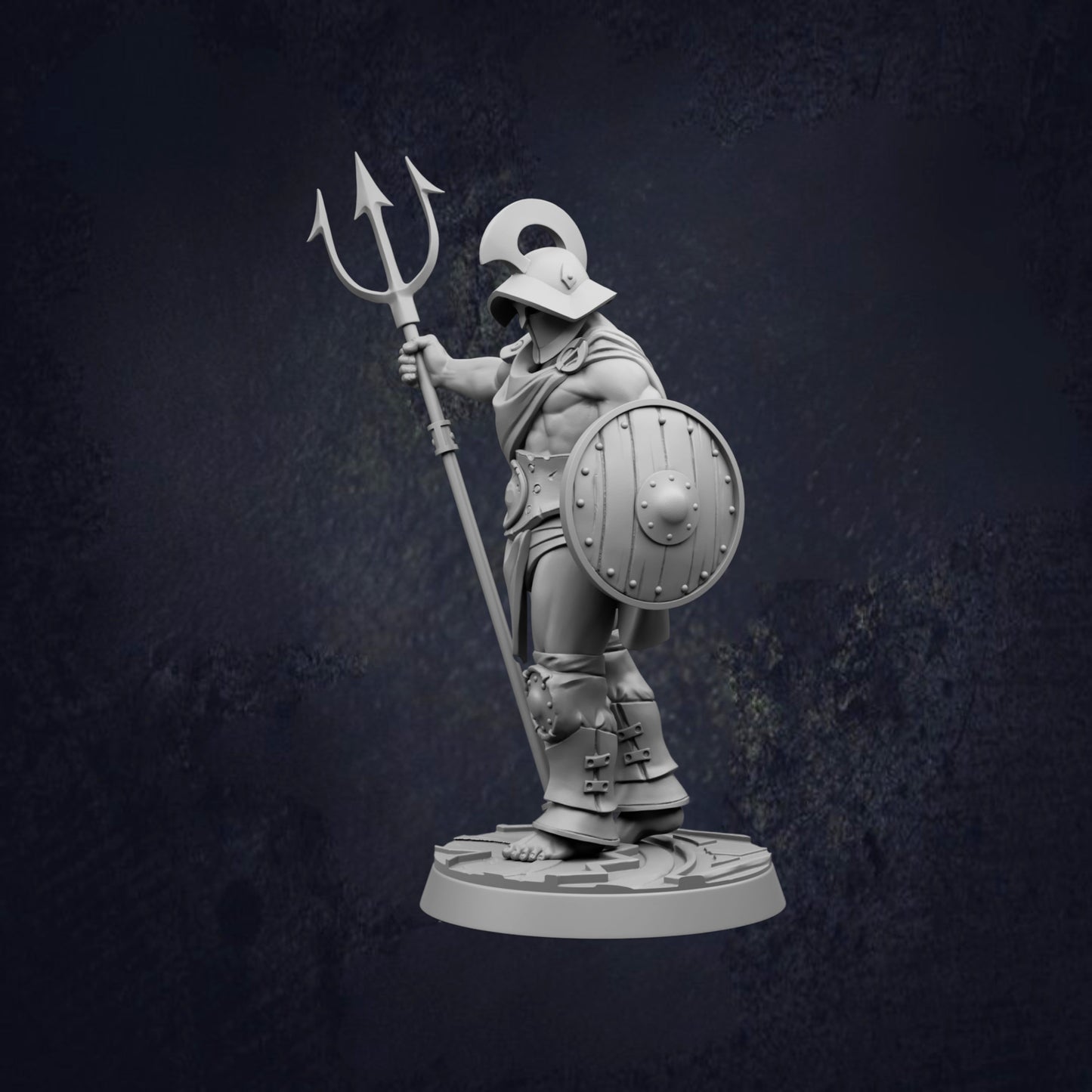 A statue of a muscular man holding a trident and shield, standing on a base.