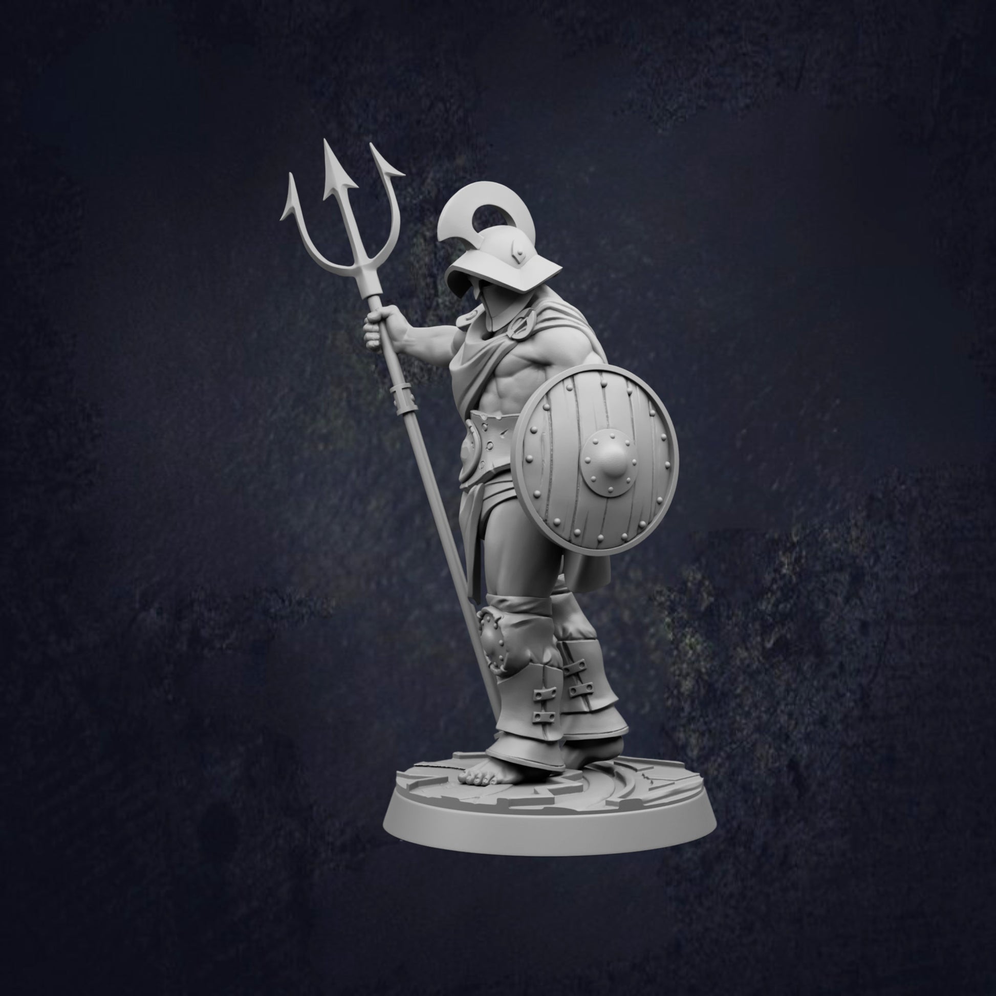 A statue of a muscular man holding a trident and shield, standing on a base.