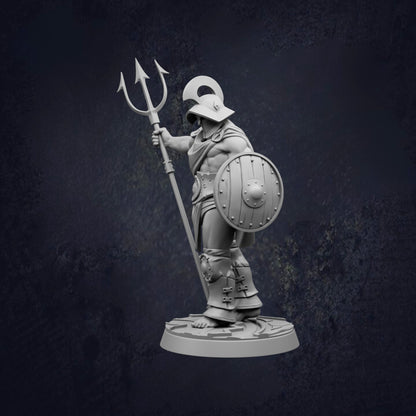 A statue of a muscular man holding a trident and shield, standing on a base.