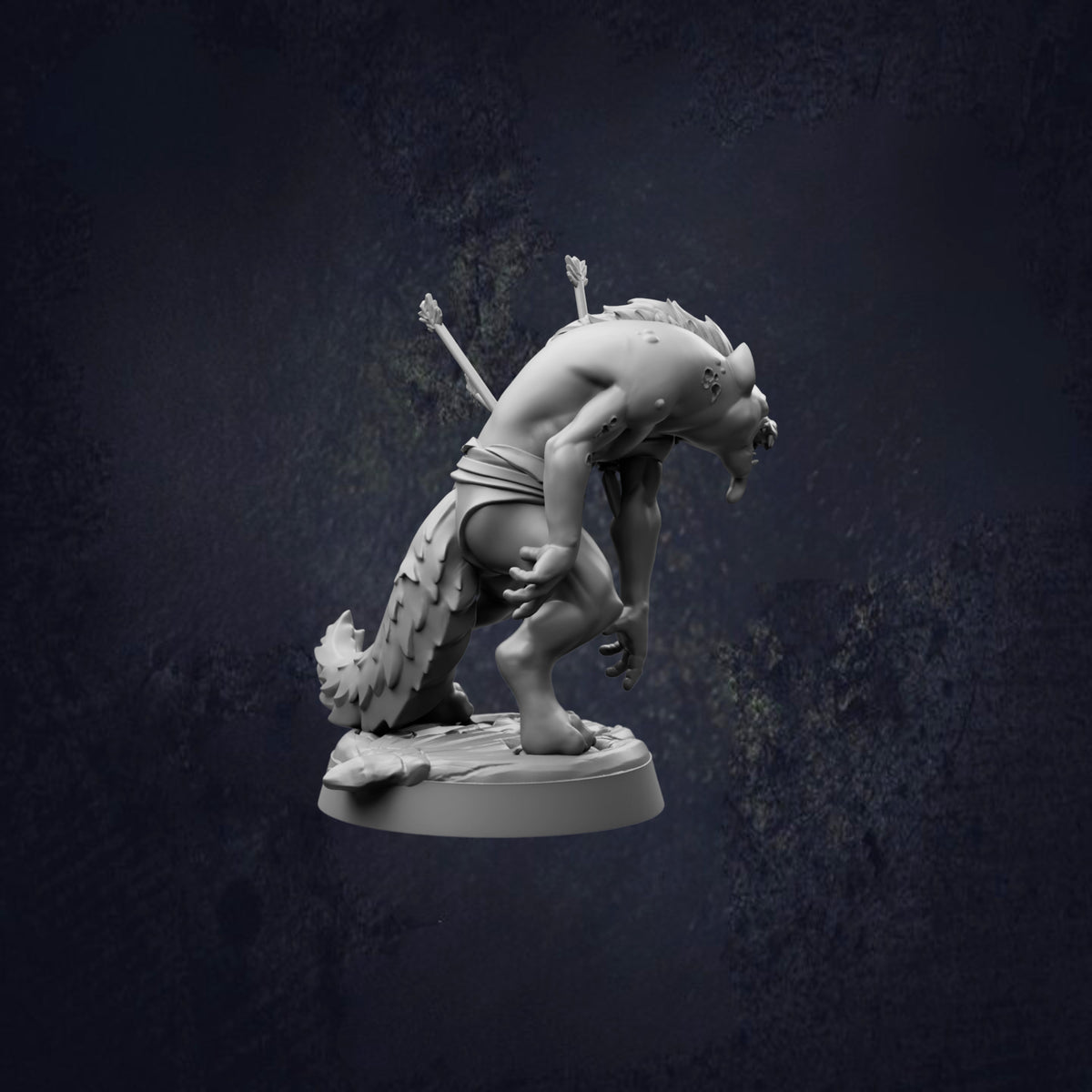 A 3D model of a fierce-looking creature, possibly a mythical or fantastical animal, standing on a pedestal against a dark background.