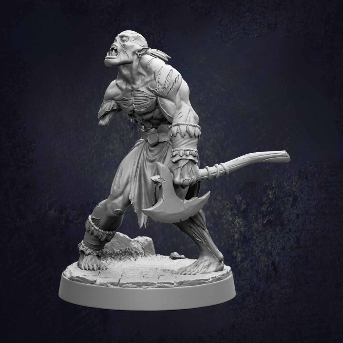A detailed 3D model of a fierce-looking monster or dragon-like creature, holding a large weapon in its right hand and standing on a rocky surface.