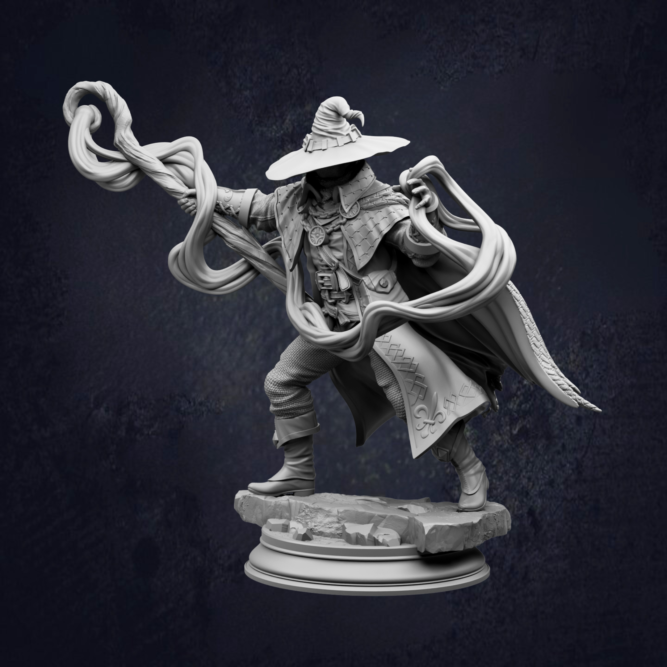 A detailed 3D rendering of a wizard or magical figure holding a staff and surrounded by intricate, flowing robes and a pointed hat.