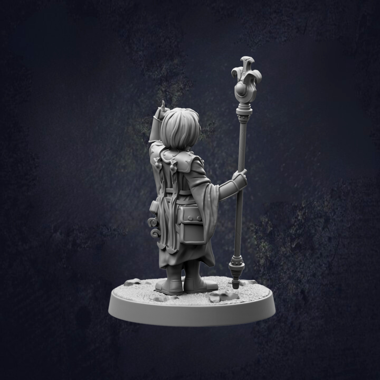 A 3D model of a character holding a staff and standing in a dark environment.