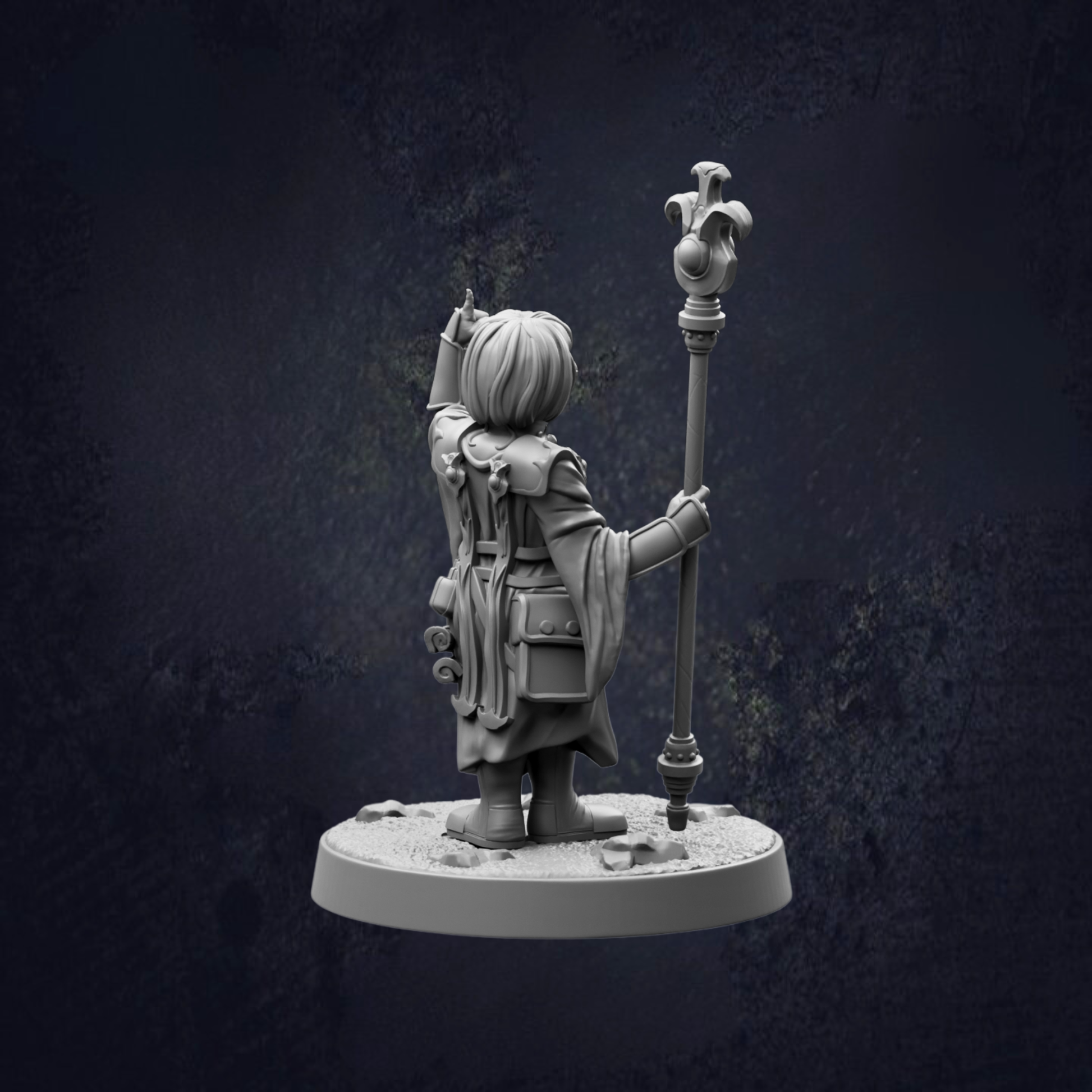 A 3D model of a character holding a staff and standing in a dark environment.