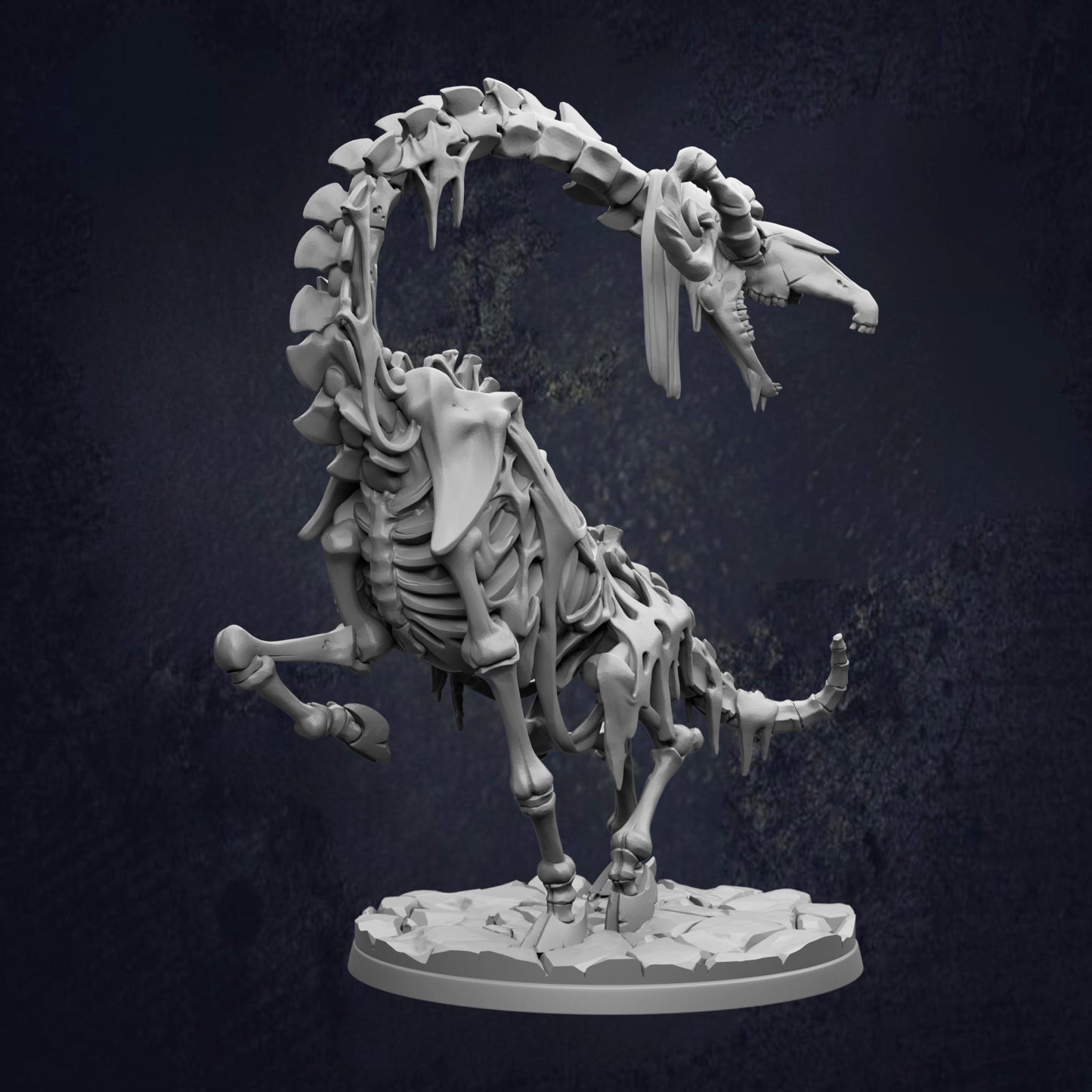 A 3D rendering of a skeletal dinosaur with a curled tail and sharp teeth, set against a dark background.