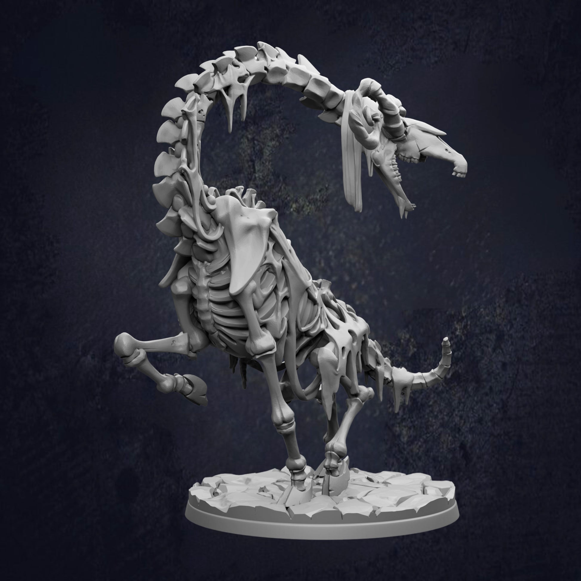 A 3D rendering of a skeletal dinosaur with a curled tail and sharp teeth, set against a dark background.