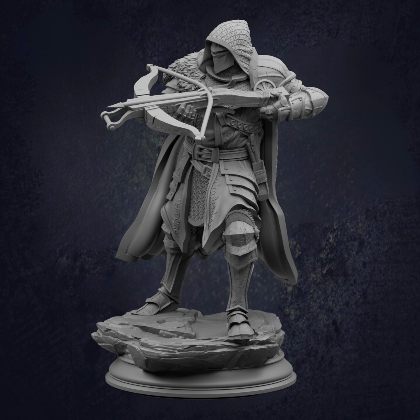 A detailed 3D model of a knight in armor, holding a crossbow and sword, standing on a rock.
