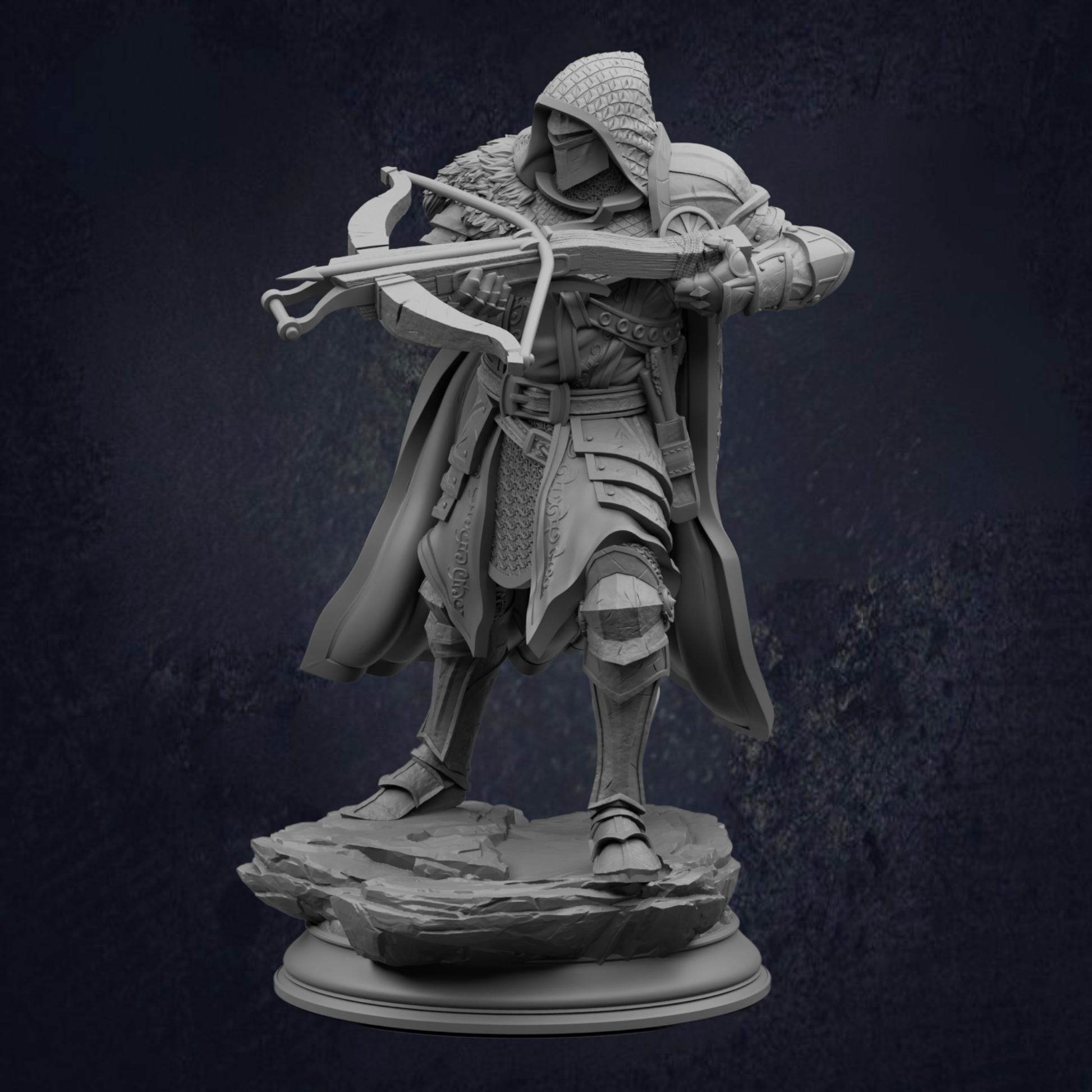 A detailed 3D model of a knight in armor, holding a crossbow and sword, standing on a rock.
